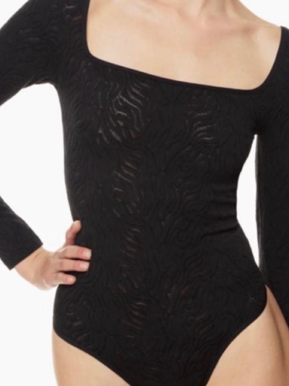 Babaton Black V-Neck Sheer-Textured Bodysuit